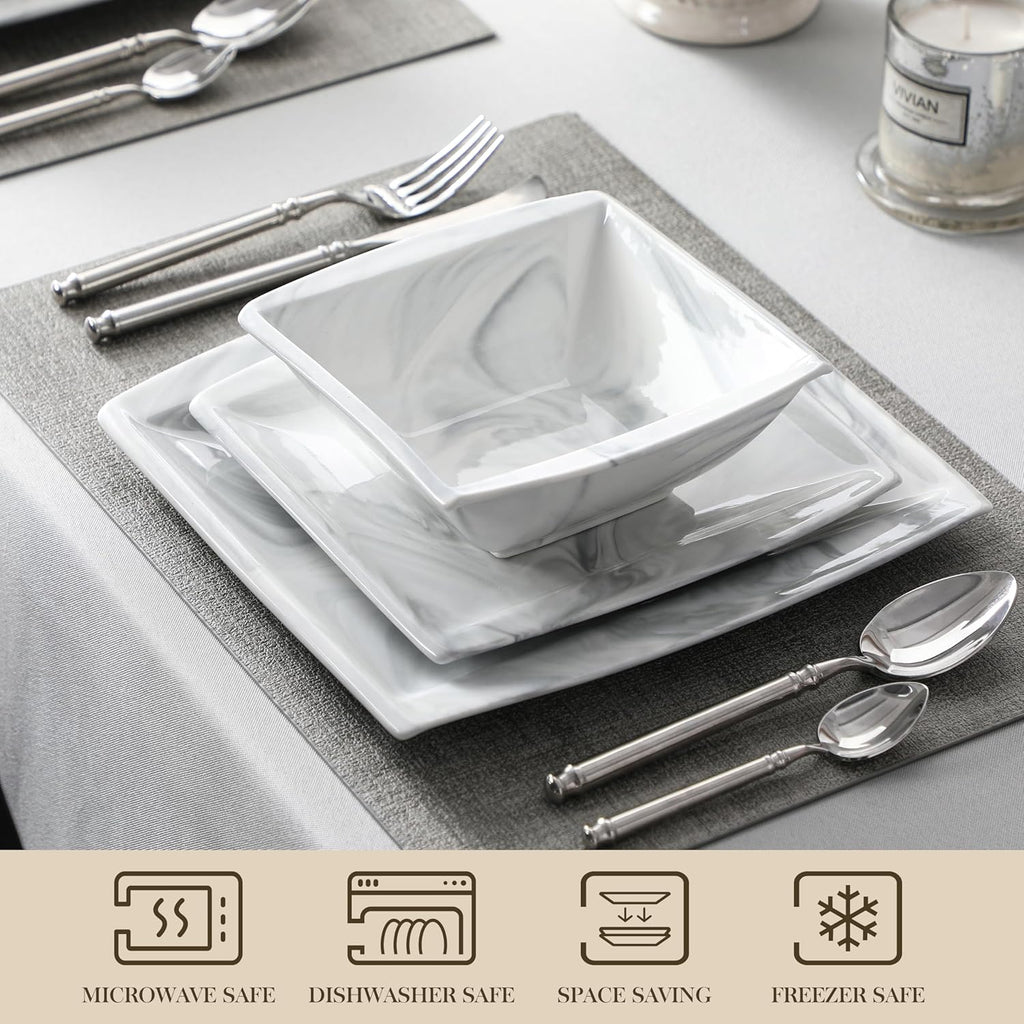MALACASA Plates and Bowls Sets, 12-Piece Porcelain Dinnerware Sets for 4, Square Plates and Bowls for Dessert, Salad and Soup, Ceramic Dishes Dining Dishware Set, Marble Grey, Series Blance
