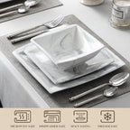 MALACASA Plates and Bowls Sets, 12-Piece Porcelain Dinnerware Sets for 4, Square Plates and Bowls for Dessert, Salad and Soup, Ceramic Dishes Dining Dishware Set, Marble Grey, Series Blance