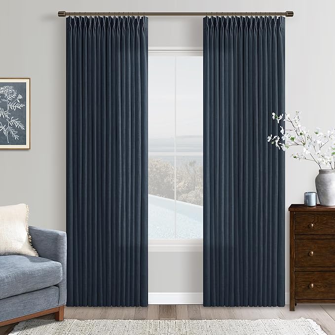 Modern Pinch Pleated Linen Navy Blue Semi Sheer Curtains by Twodrapes