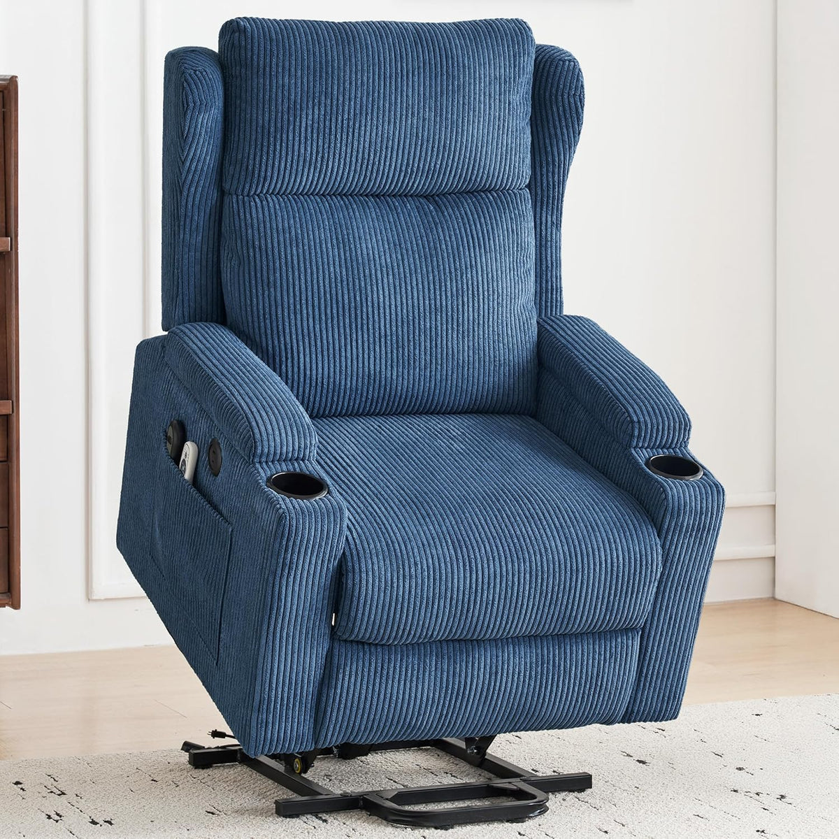 Lift Recliner Chair for Adults with Massage and Heating, Power Lift Recliner Chairs for Elderly, Corduroy Fabric Reclining Chair with USB &Type-C Port, Cup Holders, L6111 (Blue)