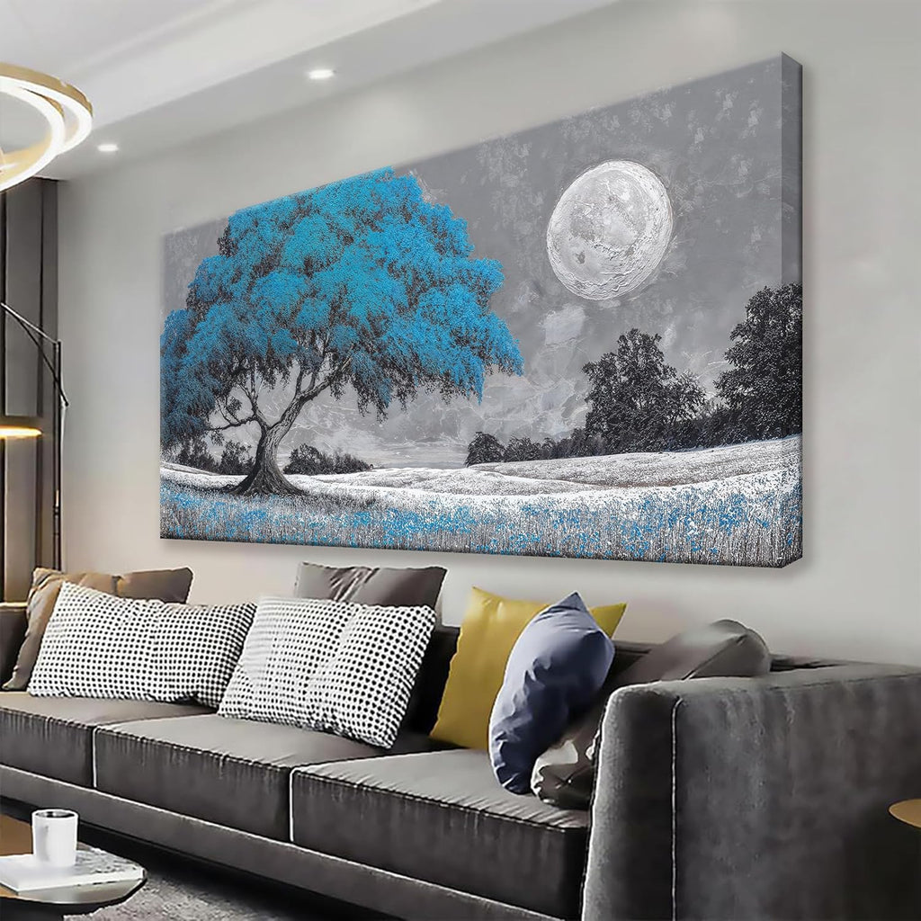 TAIJXAGSG Wall Art For Living Room Blue Tree Moon Canvas Art Wall Print Decor Artwork Print Painting 24" X 48" Modern Wall Art Picture For Bedroom Modern Salon Kitchen Office Home Wall Decor