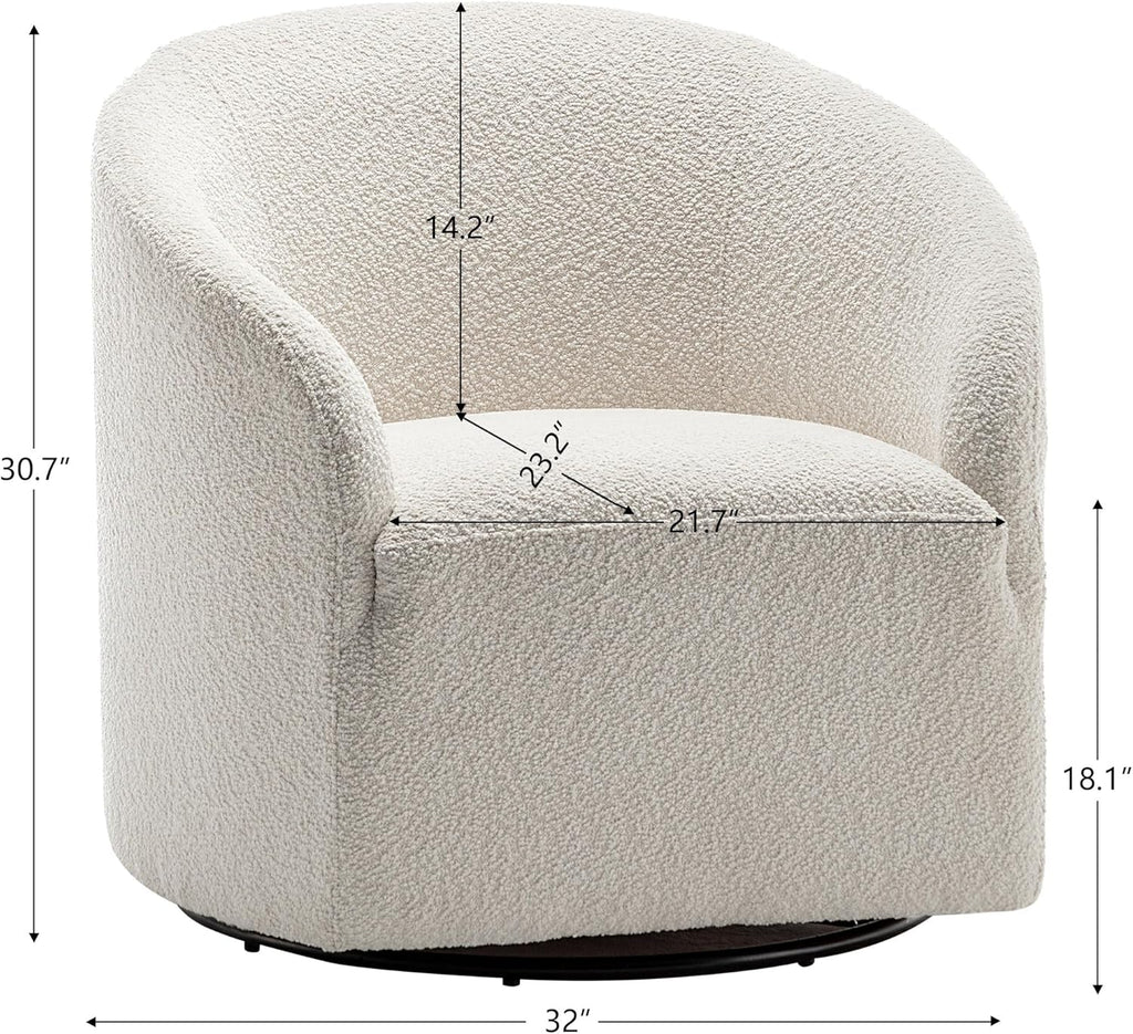 KINWELL 32" Wide Modern Boucle Swivel Barrel Chair, No Assembly Round Upholstered Swivel Accent Armchair for Living Room, Bedroom, Office (White)