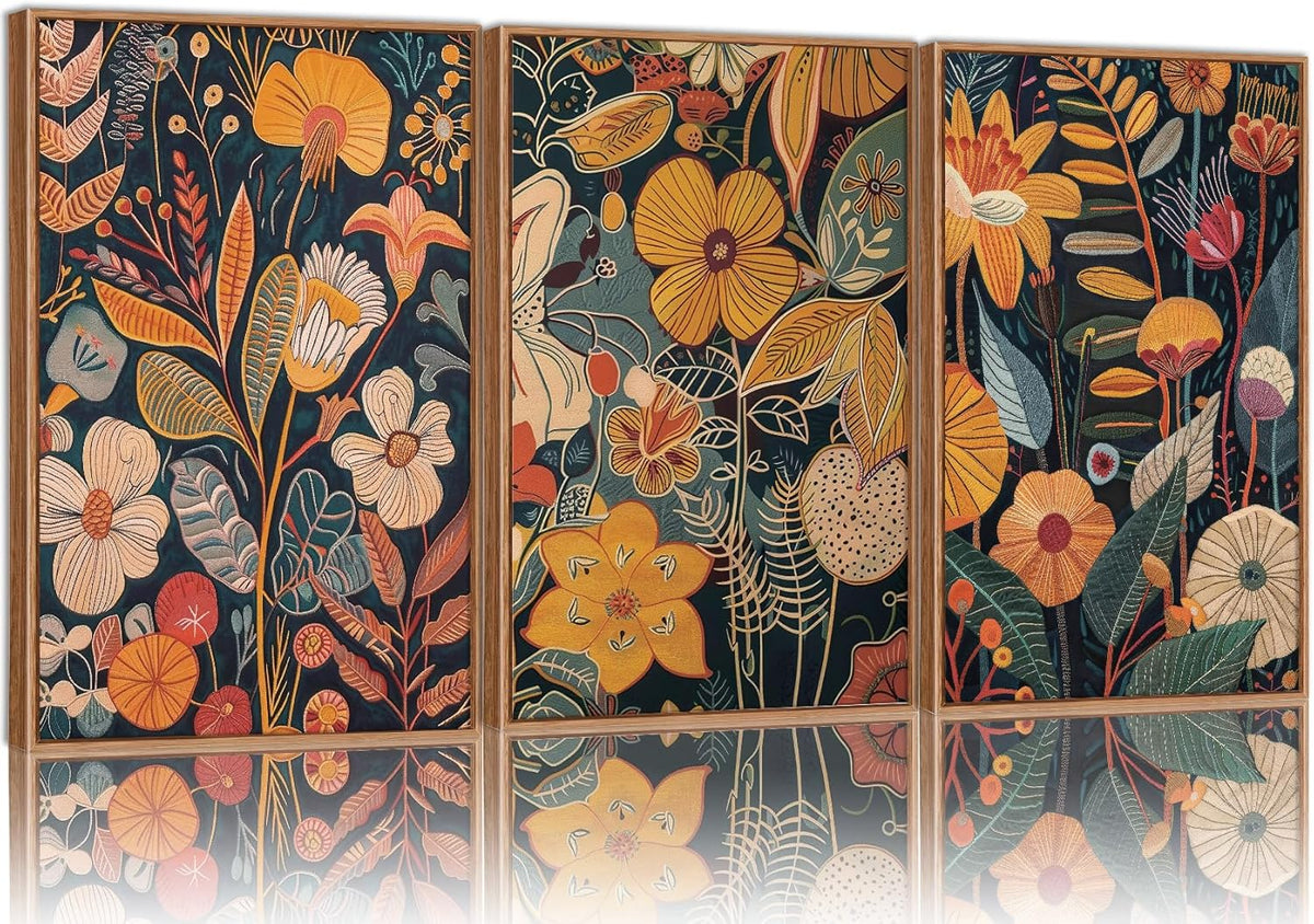 SIGNINART Orange Floral Framed Canvas Wall Art Set of 3, Mid Century Modern Flower Wall Decor, Neutral Plant Artwork, Boho Botanical Art Prints for Bedroom Living Room Office 16"x24"x3