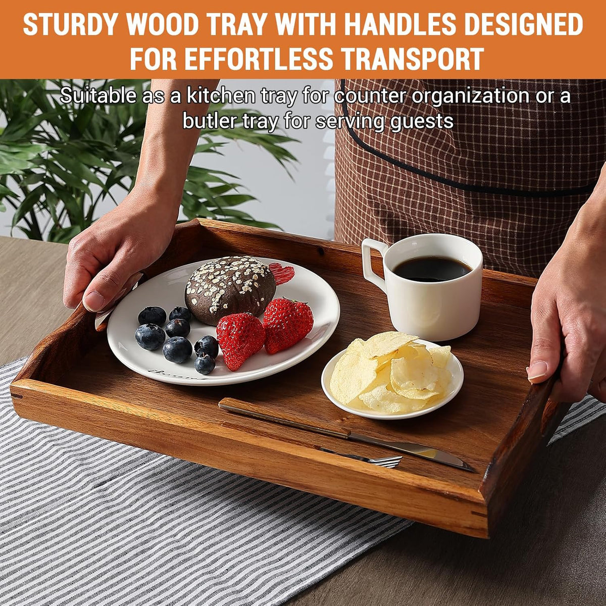 Nature Walnut Wooden Serving Tray with Handles, Solid Wood Food Tray for Coffee, Breakfast, Dinner, Ottoman,16.6x11.8x2.4 inches