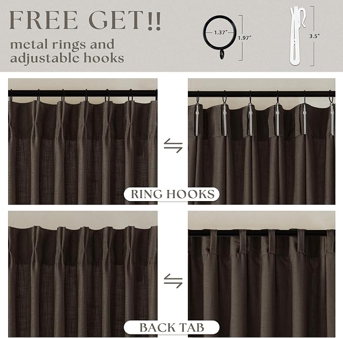 Dark Chocolate 90 Inch Pinch Pleated Semi Sheer Linen Curtains 2 Panels | - Image 5