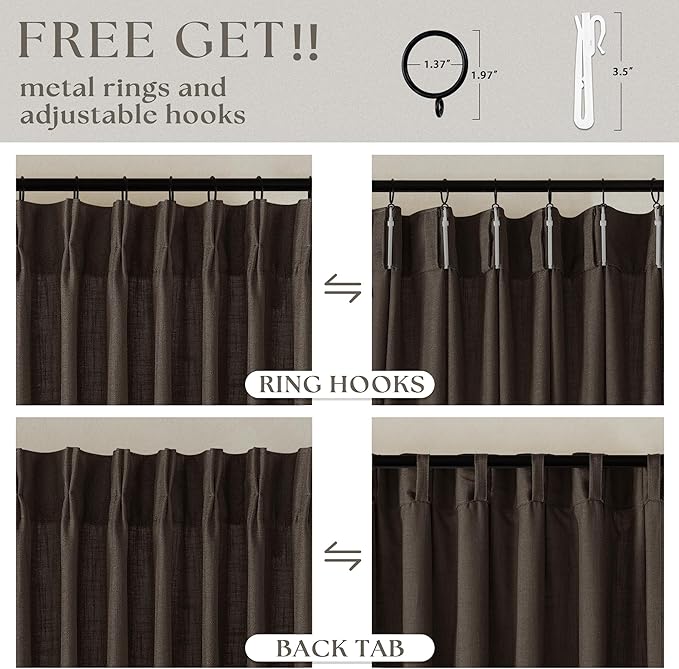 Dark Chocolate 120 Inch Pinch Pleated Semi Sheer Linen Curtains 2 Panels | - Image 5