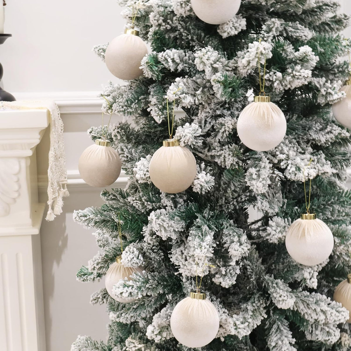 3.15inch Velvet Ornaments for Christmas Tree, 15pcs Flocked Christmas Ornaments Decorations Balls Set Decor Beige