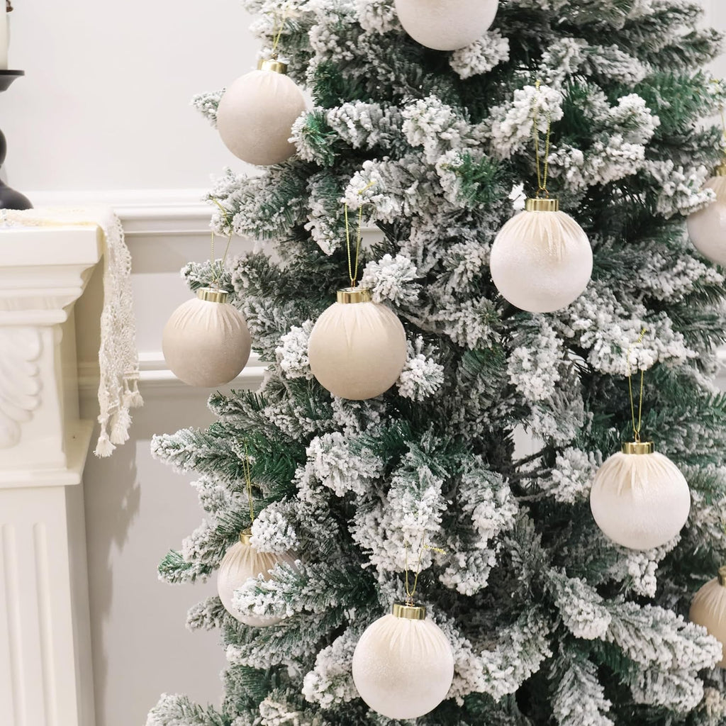 6inch Big Velvet Christmas Ornaments, 2pcs Flocked Ornaments Balls Sets for Christmas Tree Decorations Beige