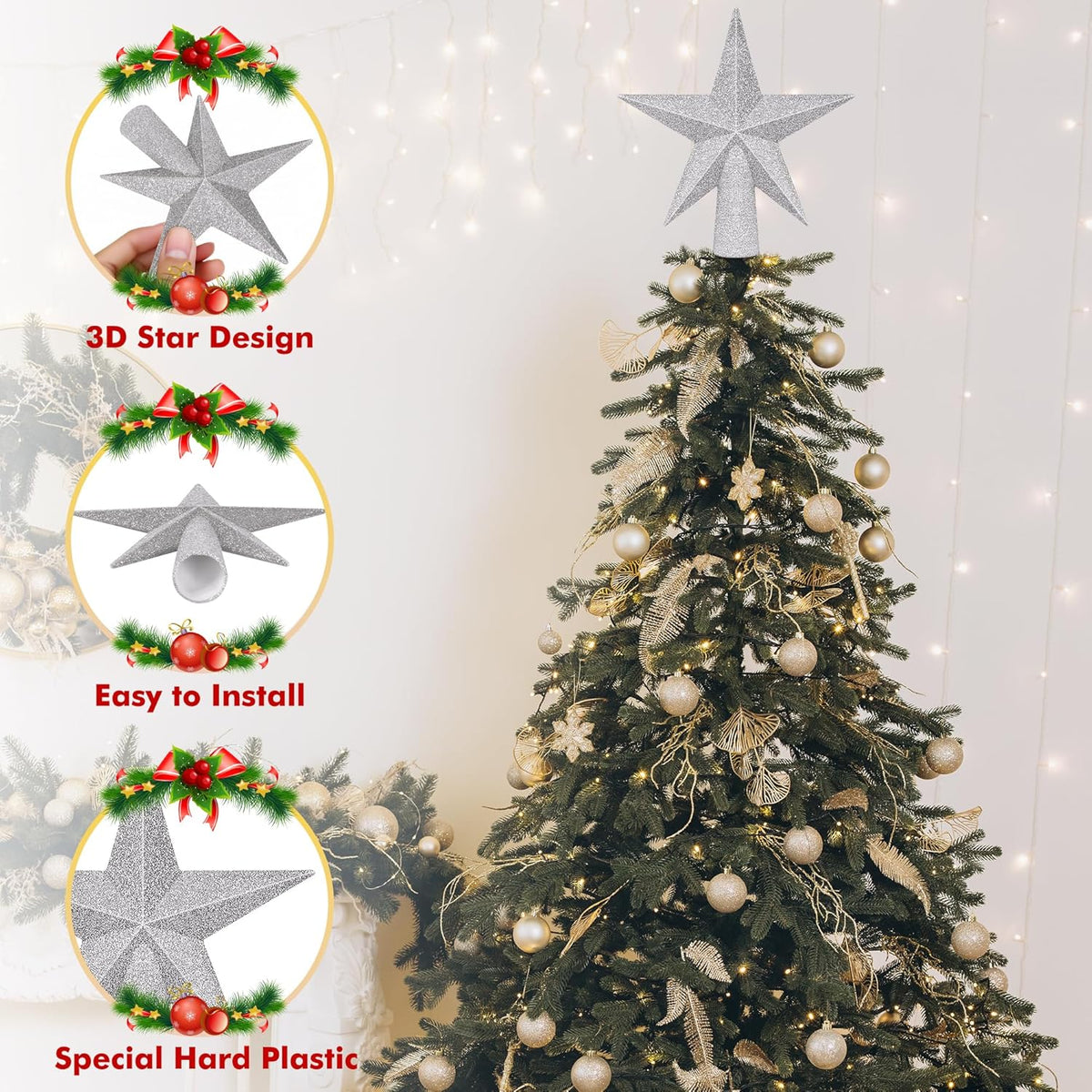 Tree Topper, 6" Silver Christmas Tree Topper with Glitter, 3D Bethlehem Star Xmas Tree Topper Decorations, Waterproof Shatter-Proof Tree Decoration for Christmas Holiday Home Indoor and Outdoor