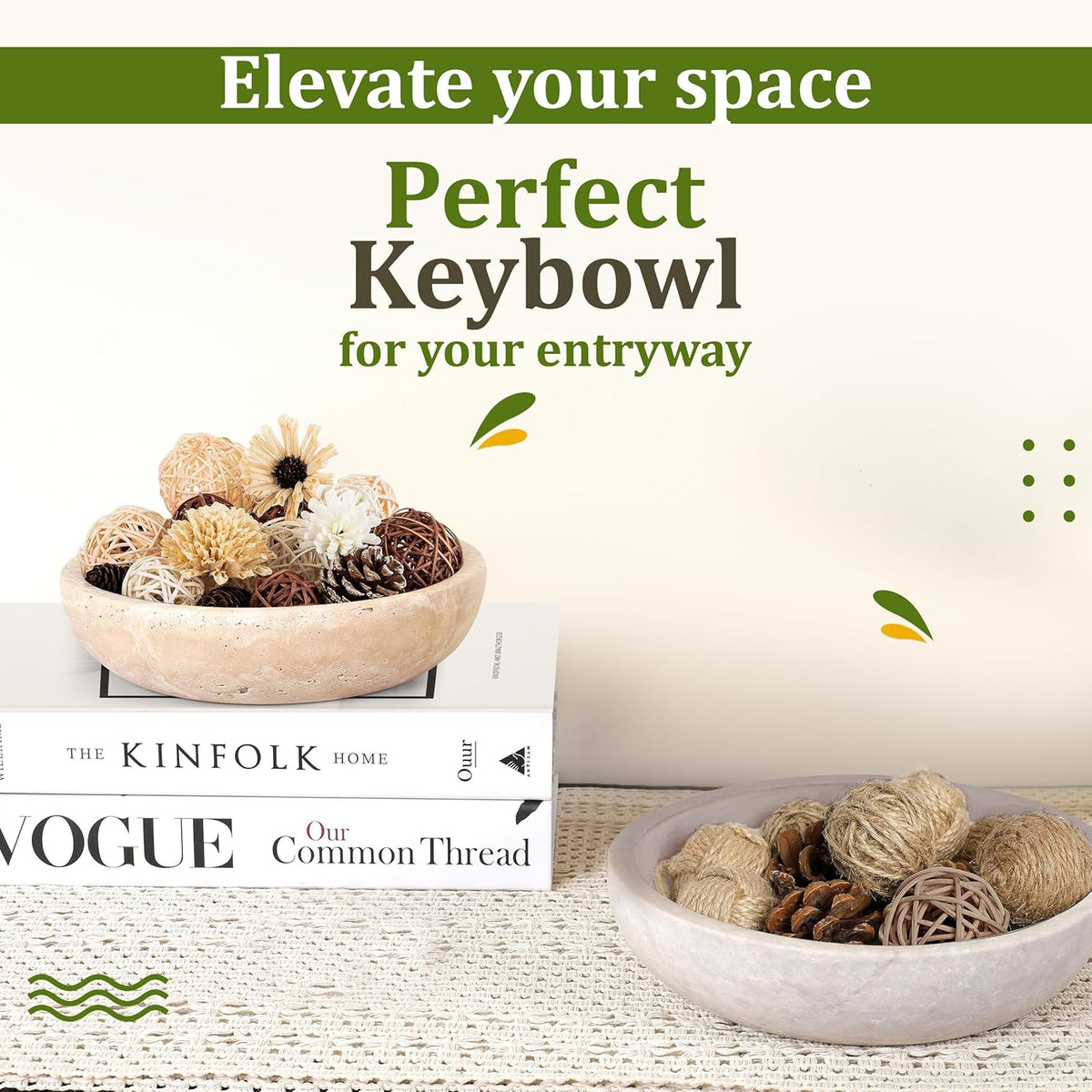 Travertine Decorative Bowl - 7.8” Diameter & 2” Height - Key Bowl for Entryway Table - Travertine - Organic Modern Centerpiece - Beige/Natural