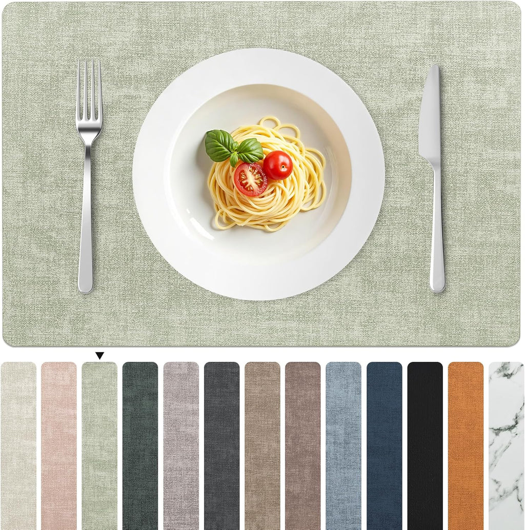 FROMHEART Faux Leather Placemats Set of 6–Waterproof,Heat/Oil Stain-Resistant PU Table Mat–Reversible,Non-Slip,Easy to Clean Place Mats for Kitchen,Dining,Indoor/Outdoor,(Light Green,11.8" x 17")