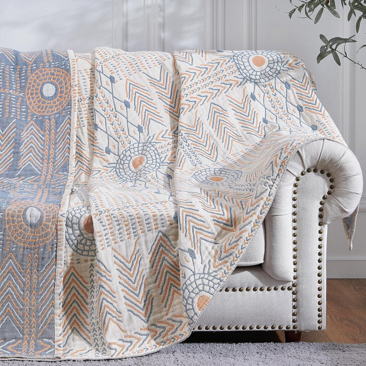 jinchan Boho 100% Cotton Muslin Queen Size 80x90 Throw Blanket Lightweight 4-Layer Orange Reversible Blanket Washable Breathable Geometric Striped Pattern Soft Comfy for Couch Bed Decor All Seasons