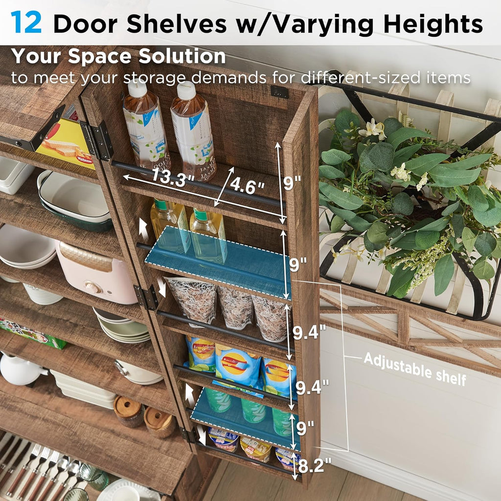 72" Farmhouse Kitchen Pantry Cabinet With Drawer, Tall Storage With 2 Barn Doors and Shelves, Versatile Large Rustic for Dining Room, Bathroom, Living Room, Rustic Brown