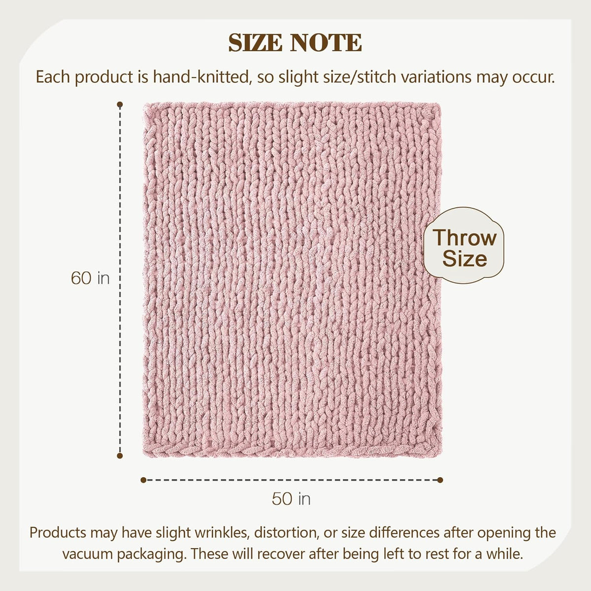 Carriediosa Chunky Knit Throw Blanket 50" X 60", 100% Hand Made Large Chenille Loop Yarn Soft Fluffy Throws for Couch Sofa Bed, Big Crochet Cozy Heavy Thick Cable Woven Blankets, Dusty Pink