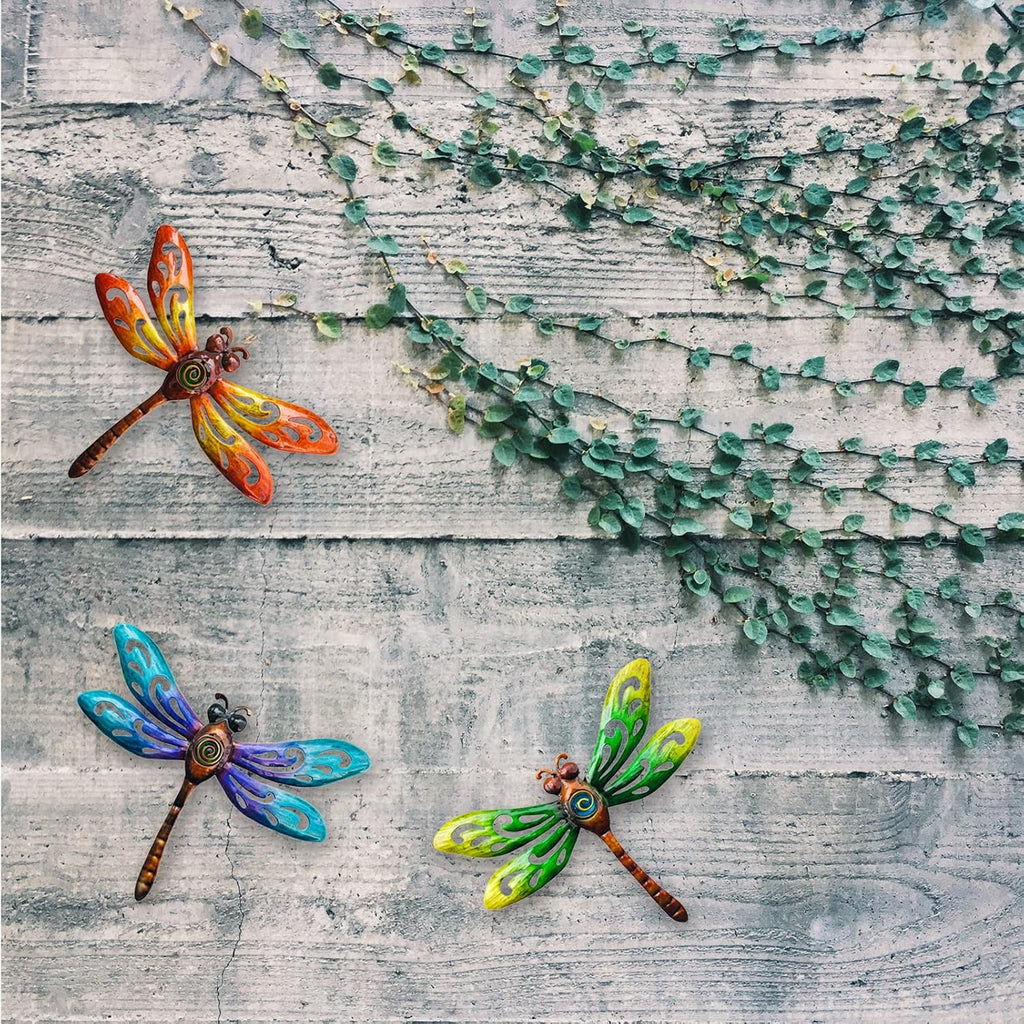 wotieuns Metal Dragonfly Wall Decoration, Garden Fence Outdoor Wall Art, Outdoor Wall Decoration, Outdoor Art Decoration Dragonfly, Suitable for Living Room, Bedroom, Yard and Porch, Set of 3