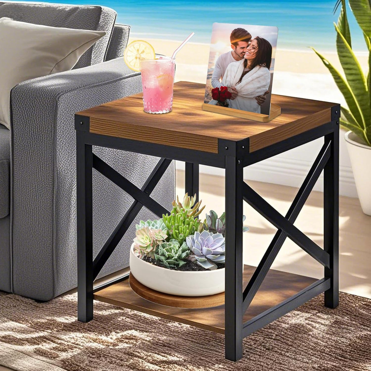 End Table Large Side Table for Living Room, Rustic Farmhouse End Tables with 2-Tier Storage, Square Nightstand Bedside Table X-Design Metal Frame, Brown (Wind, Brown)