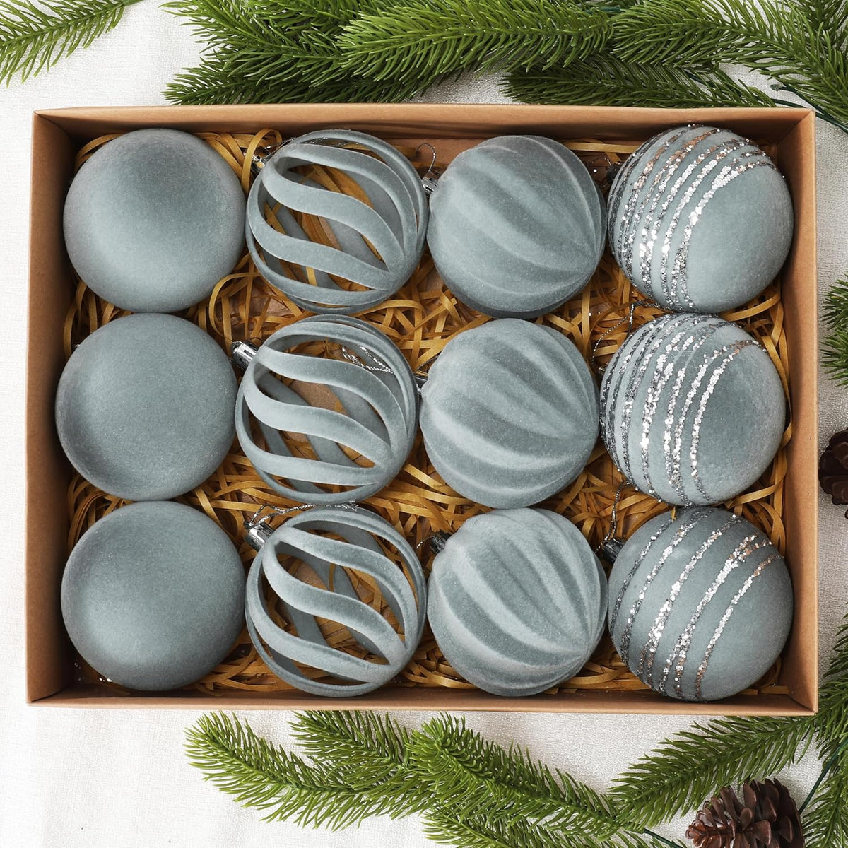 Christmas Ornaments Set of 12, 3.15" Flocked Velvet Balls with Hand Painted Designs, Dusty Blue Elegant Christmas Tree Decorations in Gift Box
