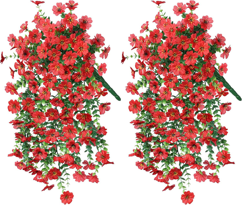 INSPRING Artificial Faux Outdoor Outside Flowers Plants, 2 PCS Fake Silk UV Resistant Look Real Red Daisy Trailing Vines for Front Door Porch Planter Urn Patio Balcony Decoration