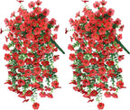 INSPRING Artificial Faux Outdoor Outside Flowers Plants, 2 PCS Fake Silk UV Resistant Look Real Red Daisy Trailing Vines for Front Door Porch Planter Urn Patio Balcony Decoration