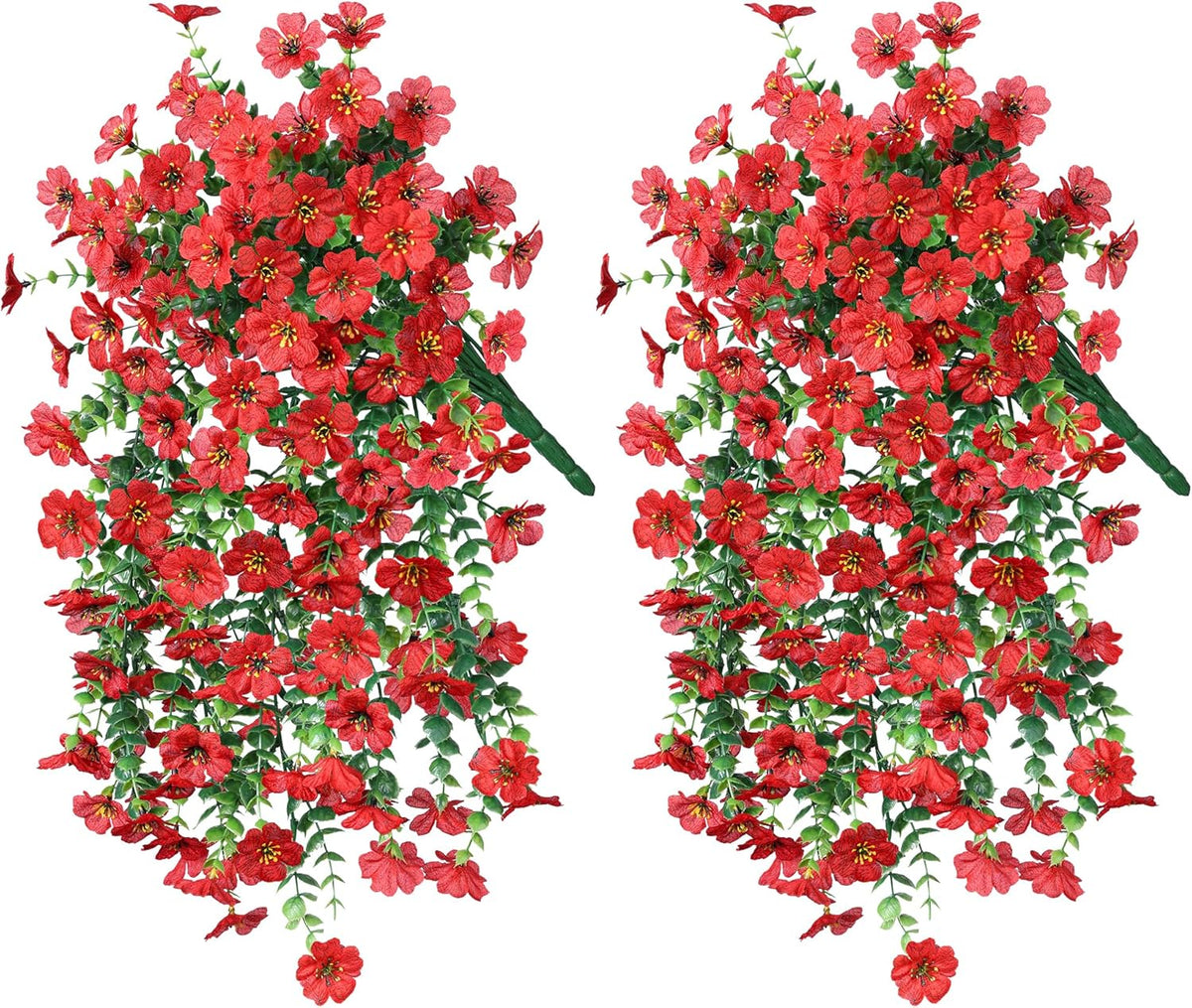 INSPRING Artificial Faux Outdoor Outside Flowers Plants, 2 PCS Fake Silk UV Resistant Look Real Red Daisy Trailing Vines for Front Door Porch Planter Urn Patio Balcony Decoration