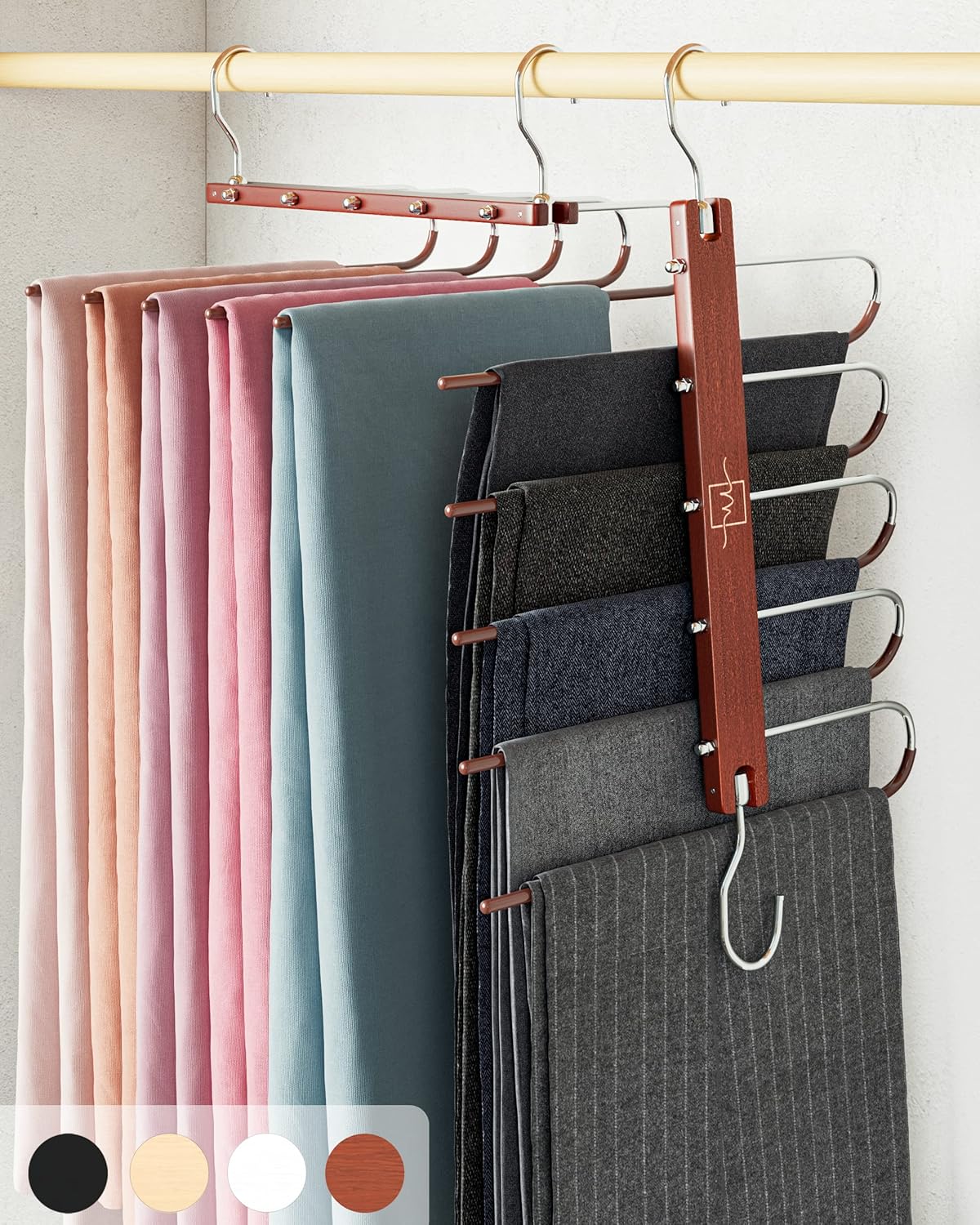 MORALVE Pants Hangers Space Saving - European Beechwood Scarf and Jean Hangers - Closet Organizer and Space Saver Pant Rack, Leggings Hanger, and Scarf Holder with 360° Swivel Hook (1 Pack)