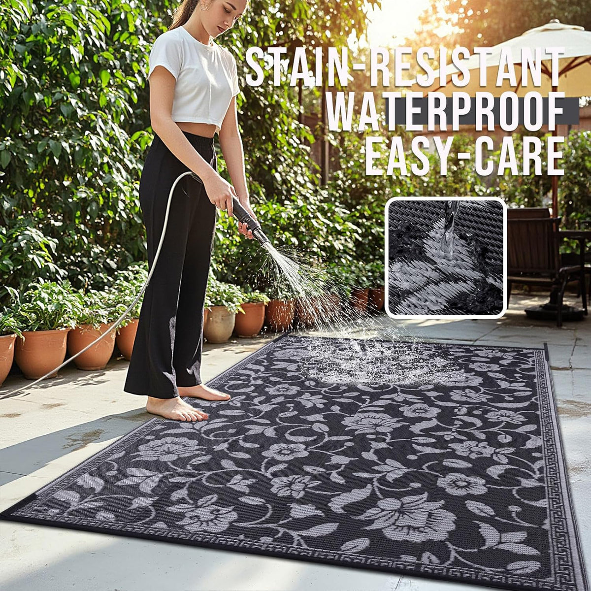OLANLY Waterproof Outdoor Rug 8x10 ft, Outdoor Plastic Straw Rug with Flower Pattern, Reversible RV Mat for Patio, Camping, Balcony, Deck, Backyard, Black & Grey
