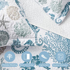 Coastal Bedding King Size Coastal Quilt with 2 Shams, Nautical Beach Comforter Sets Ocean Bedspreads Blue Seahorse Coverlet Summer Bedding, 96''x106''