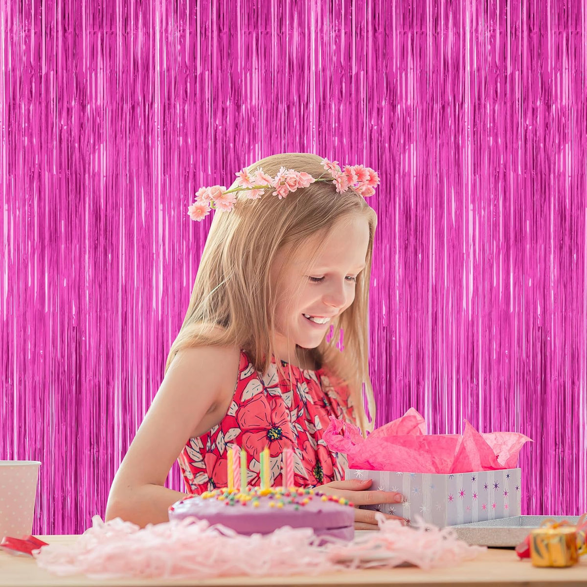 2 Pack Hot Pink Party Decorations, 3.28 FT x 7.05 FT Hot Pink Backdrop, Metallic Rose Red Photo Backdrop Foil Curtains Tinsel Backdrop, Metallic Pink Party Decor Wedding Party Supplies