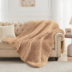 Carriediosa Chunky Knit Throw Blanket 60" X 80" Twin, 100% Hand Made Large Chenille Loop Yarn Soft Fluffy Throws for Couch Sofa Bed, Big Crochet Cozy Heavy Thick Cable Woven Blankets, Tan Brown