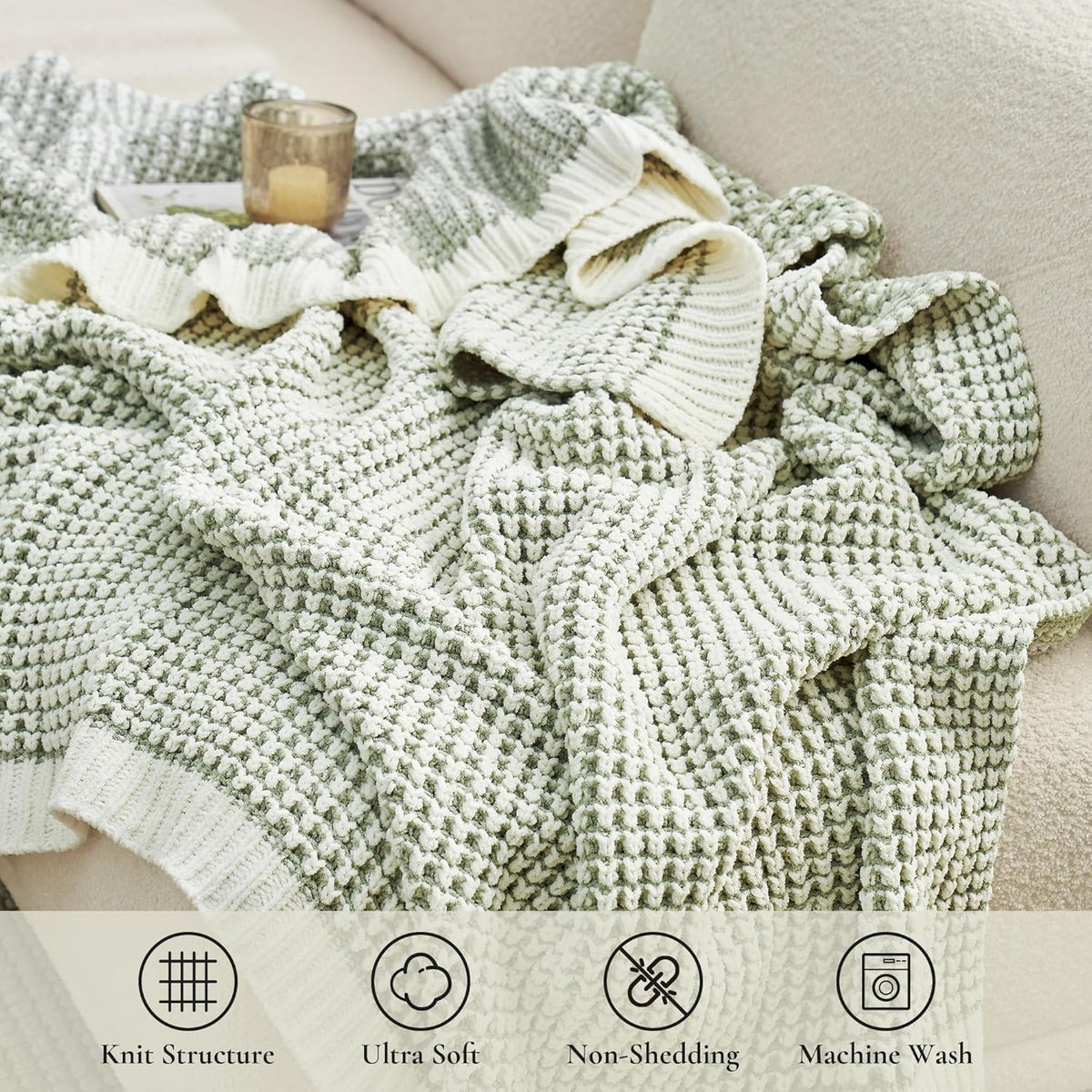 Amélie Home Chenille Waffle Throw Blanket for Couch, Reversible Pineapple Stitch Knit Soft Cozy Knit Blanket Lightweight Warm Decorative Throw for Sofa, Bed, Living Room, 50"x60", Sage Green&Ivory