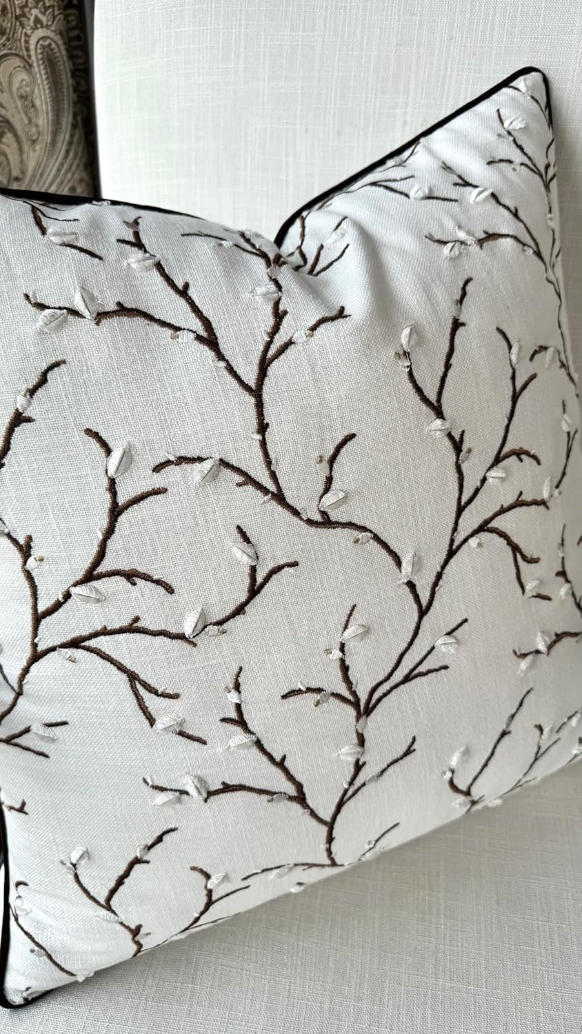 VAGMINE Embroidered Pussy Willow Throw Pillow Cover - 18x18 Inches Square - 100% Cotton Ivory Decorative Cushion Cover - Floral Embroidery - Soft Neutral Accent for Sofa, Bed, Couch, Farmhouse Décor