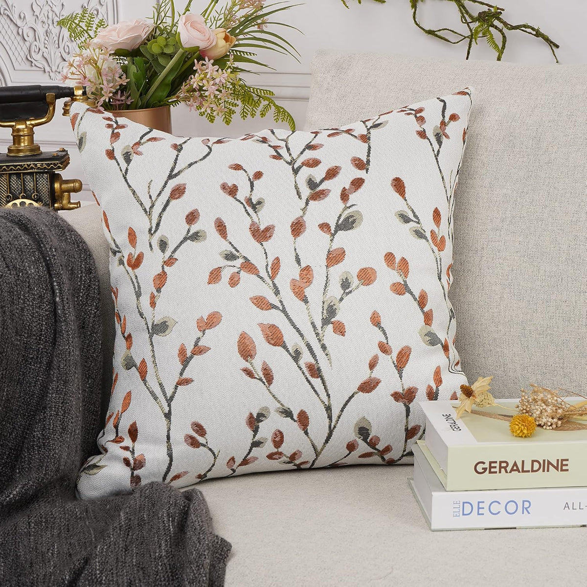 YOUR SMILE Classical Embroidery Jacquard Orange Square Decorative Throw Pillow Case Cushion Cover 18x18 inch