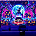 AOHMPT Glow-in-the-Dark Halloween Tapestry - UV Reactive Black Light Wall Hanging Decor for Spooky Parties, Bedroom, Living Room (Witch-Haunted House, 79L x 59W, Unframed)