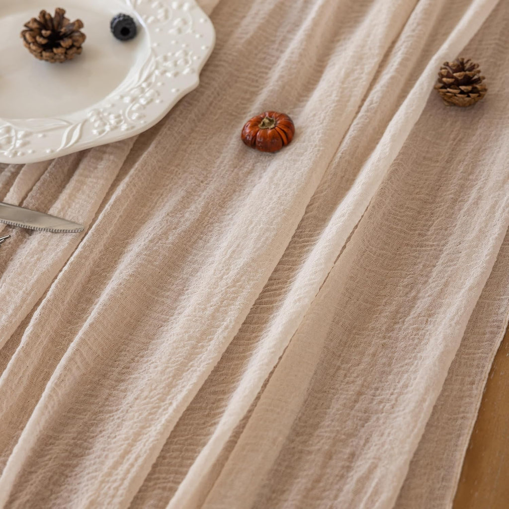 Beige Gauze Rustic Cheesecloth Table Runner 120 Inch 10 FT for Wedding Baby Shower Bridal Shower Birthday Engagement Garden Outdoor Party Long Sheer Boho Decorations