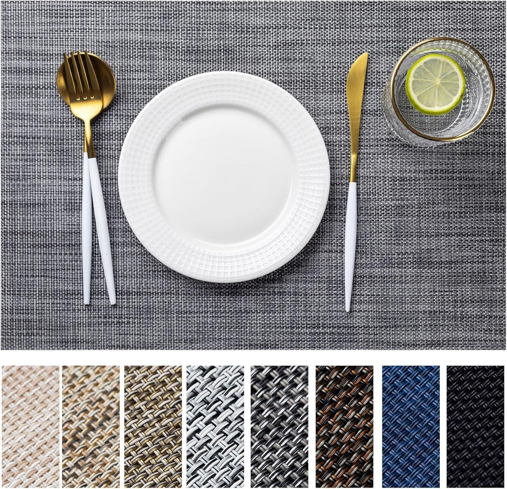 LEXMORE Placemats Set of 12 Vinyl/Plastic Woven Place Mats for Kitchen Table Indoor/Outdoor Washable Placemat Wipeable Dining Table Mats(A-Dark Gray)
