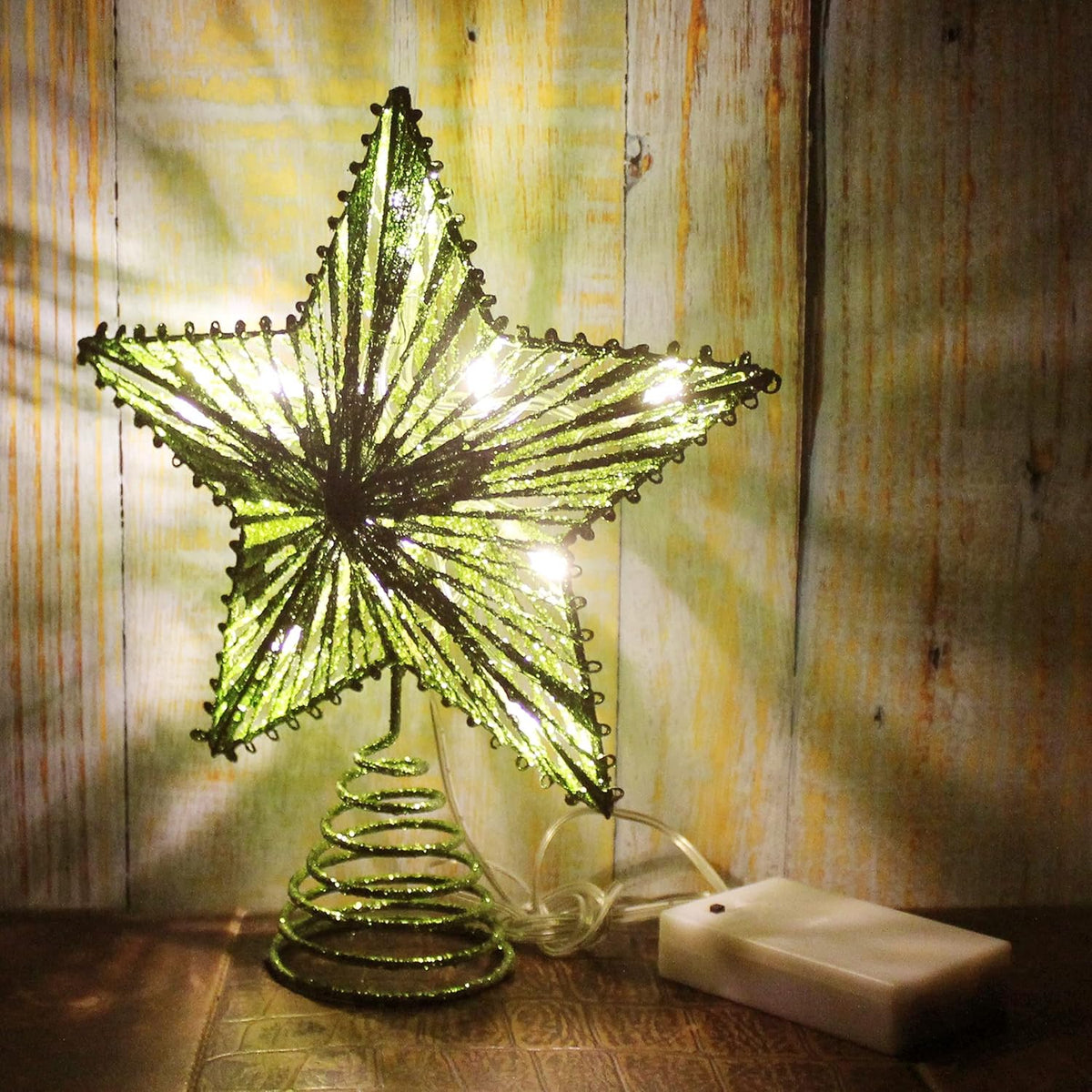 CVHOMEDECO. Green Glittered 3D Tree Top Star with Warm White LED Lights and Timer for Christmas Tree Decoration and Holiday Seasonal Décor, 8 x 10 Inch