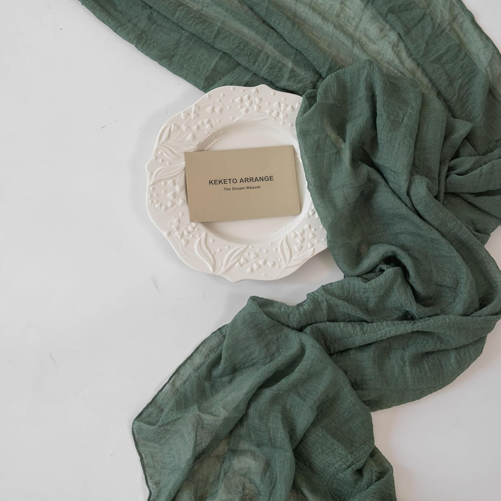 6Pcs Forest Green Gauze Rustic Cheesecloth Table Runner 120 Inch 10 FT for Wedding Baby Shower Bridal Shower Birthday Engagement Garden Outdoor Party Long Sheer Boho Decorations