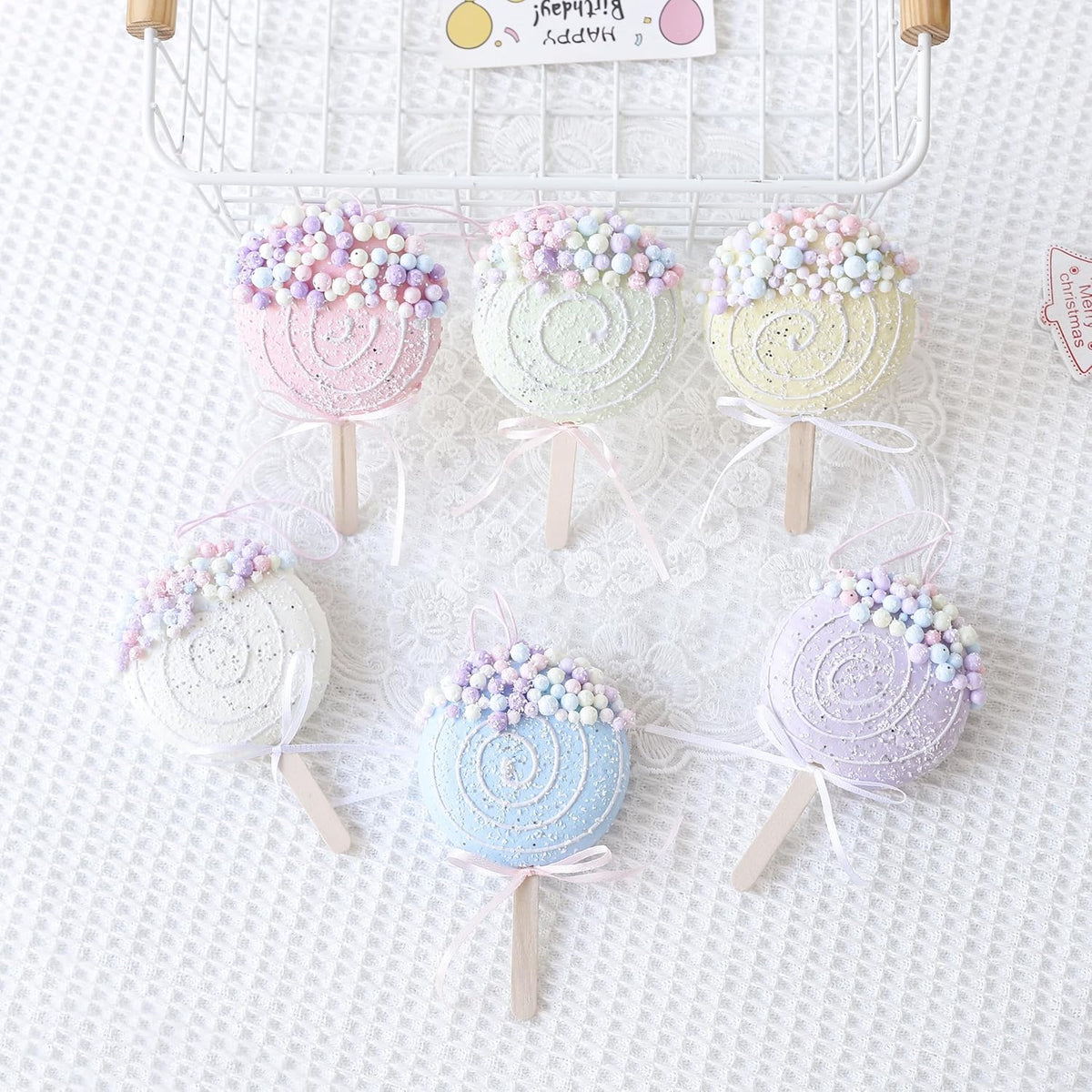 Lollipop Party Decorations Ornaments,6pcs Hanging Christmas Tree Lollipop Ornaments, Macaron Color Mini Dessert Lollipop Pendant Set for Xmas New Year Birthday Home Party Supplies (Lollipop)