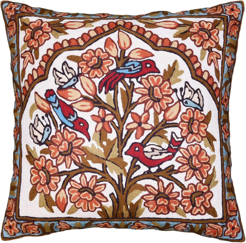 Tree of Life Pillow Cover - Gold Birds & Floral Suzani Cushions - Designer Flower Pillows - Modern Hand Embroidered Wool - Size 18x18