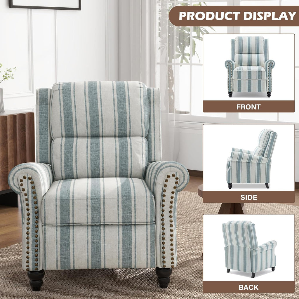 UIXE Pushback Recliner Chairs Set of 2, Fabric Armchair Push Back Accent Chair, Rivet Trim Club Chair Home Theater Overstuffed Single Sofa Reading Seat for Living Room, Stripe Blue