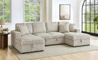 THSUPER Oversized U Shaped Plush Corduroy Fluffy Sectional Sleeper Sofa with Pull Out Bed and Double Storage Chaise for Living Room - Beige