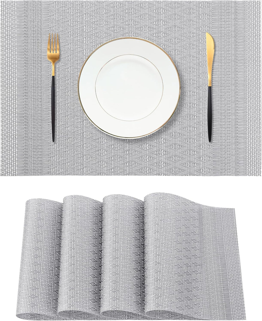 Leetaltree Lunar Grey Placemats Set of 4 - Heat Resistant Non-Slip Place mats for Dining Table, Washable Durable PVC Vinyl Woven Table Mats（Lunar Grey, 4）