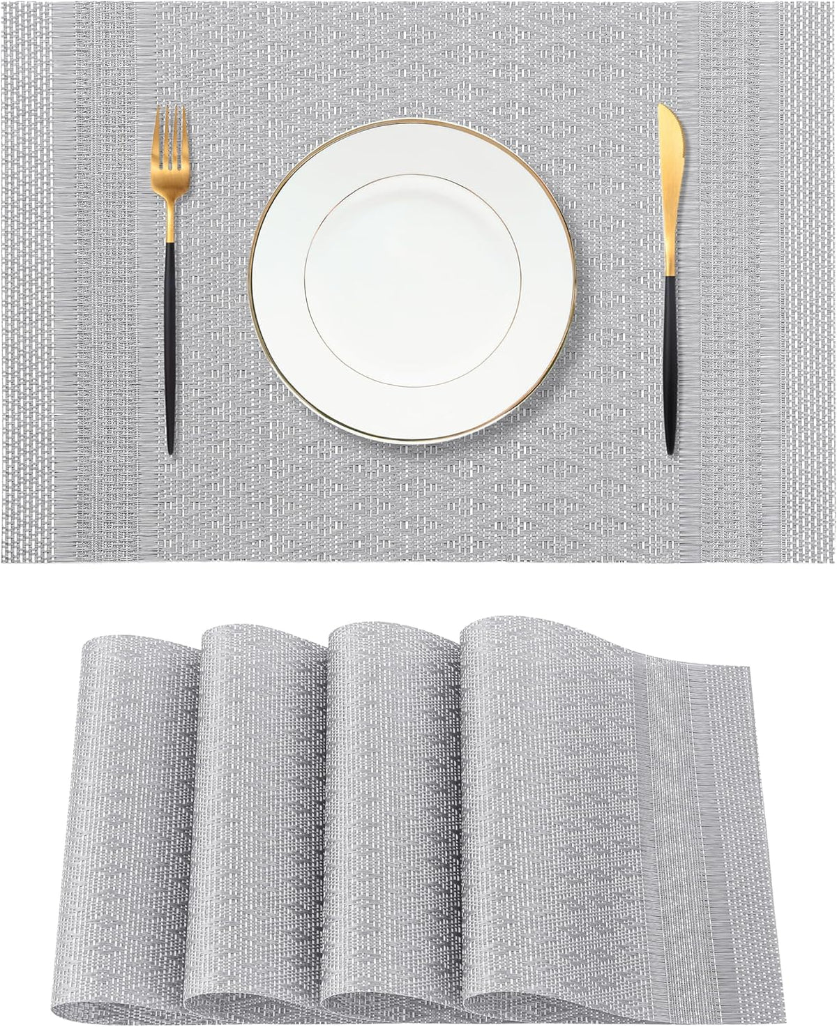 Leetaltree Lunar Grey Placemats Set of 4 - Heat Resistant Non-Slip Place mats for Dining Table, Washable Durable PVC Vinyl Woven Table Mats（Lunar Grey, 4）