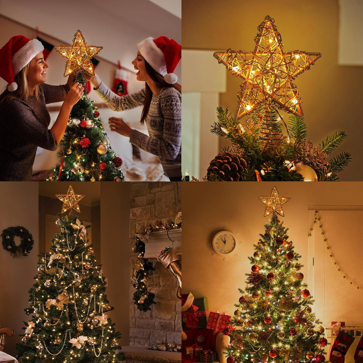 ODEETRONIC Rustic Tree Topper Lights, 10" Rattan Natural Christmas Star Tree Topper, 10 Clear Lights Warm White Hollow Tree Topper, 120V UL Certified Christmas Star Topper for Xmas Tree Home Party