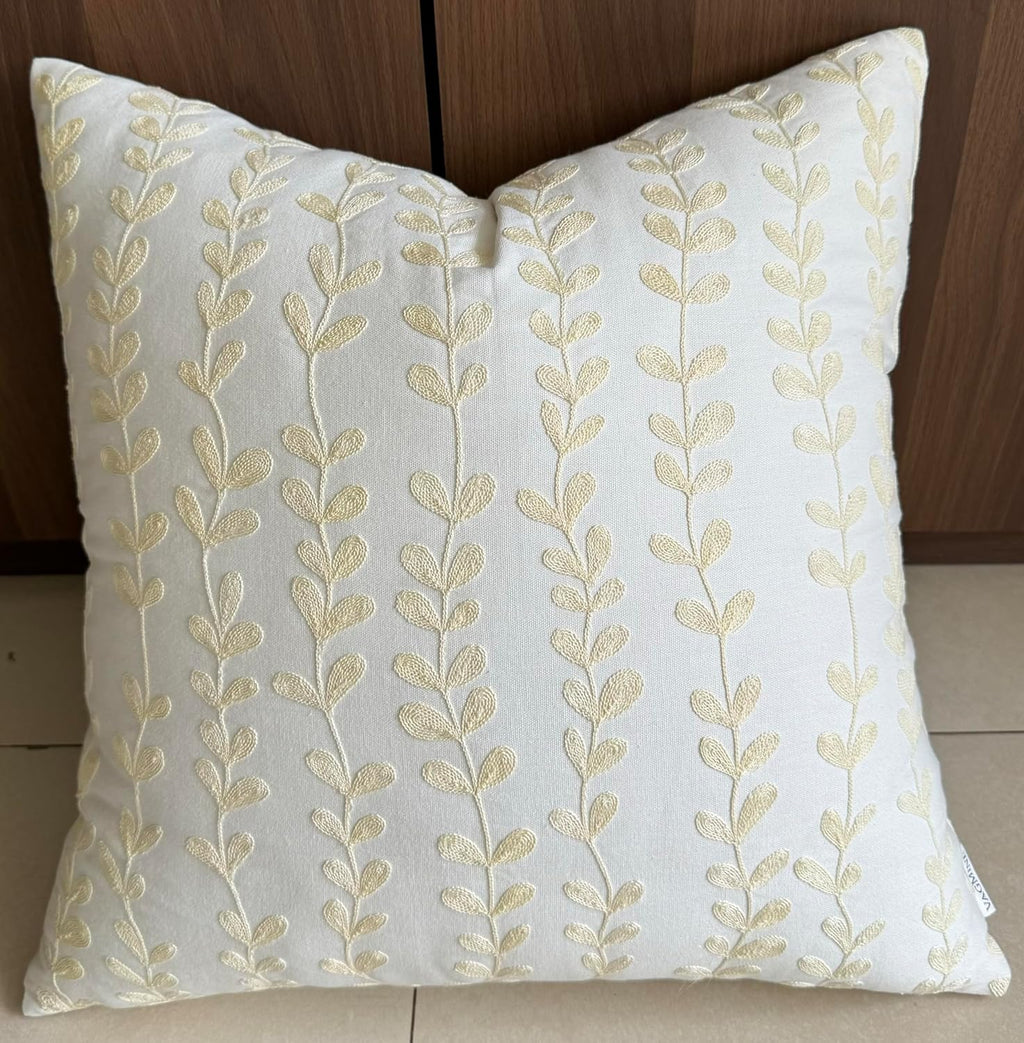 VAGMINE Embroidered Floating Leaves Throw Pillow Cover - 18x18 Inches Square - 100% Cotton Ivory Decorative Cushion Cover - Timeless Nature-Inspired Accent for Sofa, Couch & Modern Decor - Cream