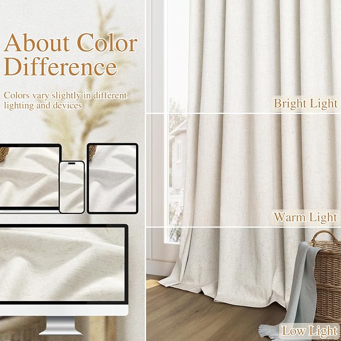 100% Blackout Linen Curtains for Bedroom 82 Inches Long Natural Cream Black Out - Image 7