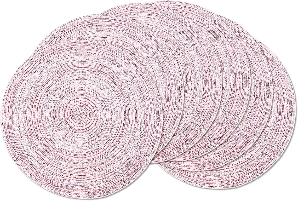 AHHFSMEI Round Braided Placemats Set of 6 Round Table Mats for Dining Tables Natural Woven Heat Resistant Place mats 15 Inch (Pink, 6)