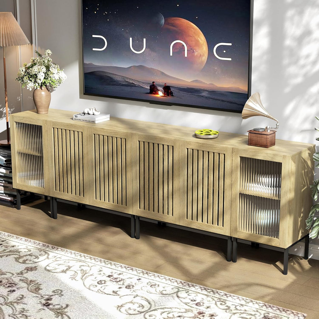 Farmhouse TV Stand for TVs up to 100 Inch, Entertainment Center TV Console with Storage Cabinets and Glass Doors,Media Console for Living Room,Oak