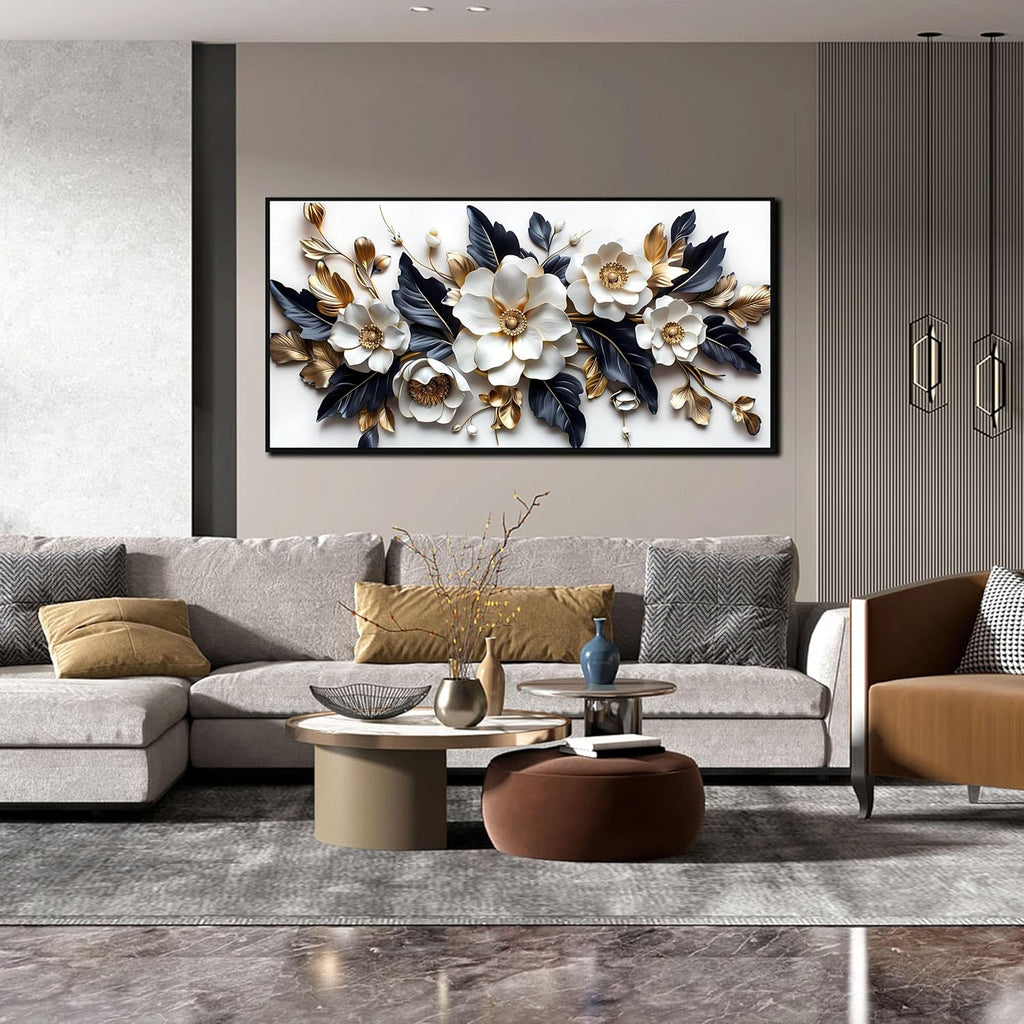 White Flower Wall Decor for Living Room - Modern Blue White and Gold Wall Art Bedroom - Black Framed Wall Art Size 24" x 48"