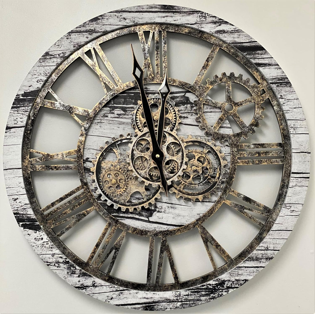 The Gears Clock The Original Real Moving Gear Wall Clock Vintage Industrial Oversized Rustic Farmhouse (24 inch (60cm), Vintage Grey and White)